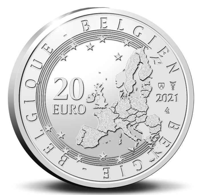 Belgica 20€ 100 anos Roger Raveel Prata Proof 2021 
